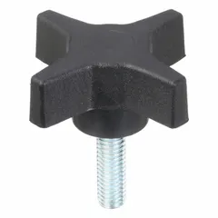 This 4-arm knob features a 2.46 inch diameter plastic body with a steel threaded stud. The 3/8"-16 thread allows for manual tightening and positioning on machinery, jigs, and fixtures. Suitable for applications requiring quick adjustment without tools.