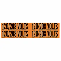 Self-stick vinyl markers for identifying 120/208 Volt electrical circuits on conduits, panels, and junction boxes. Each marker measures 4 1/8 in wide by 1 1/8 in tall with a clear legend. Pack of 5