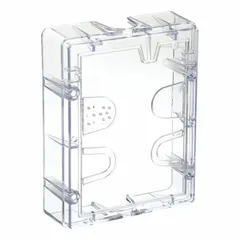Clear polycarbonate spacer for indoor use with pull stations. Provides proper clearance when mounting pull station guards. Overall length 2 in. Compatible with pull stations.