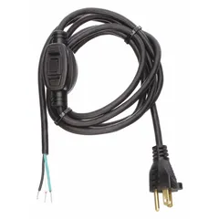 This general purpose power cord features an 8 ft length with a 5-15P plug and bare wire receptacle. Constructed with 3/18 SJT PVC jacket, it is rated for 10 A current. The integrated on/off switch provides convenient power control for connected equipment in industrial or commercial settings.