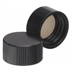 Black phenolic screw cap with a PTFE faced rubber liner, designed for sealing laboratory bottles and containers. Features a 15-425 mm screw closure size and is autoclavable for sterile applications. Suitable for use in pharmaceutical, biotech, and research environments.