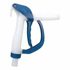 Manual nozzle with PVDF body and spout, FKM/PVDF wetted materials. Hose barb spout connection. Max flow rate 24 gpm. No meter or extension included. Suitable for transferring corrosive fluids in industrial and chemical processing applications.