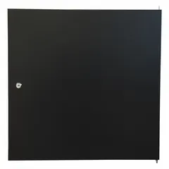 This solid steel door is designed for server rack enclosures, providing physical security and dust protection for mounted equipment. It is finished in black and fits racks compatible with model ERWEN-12E. The door has an overall height of 21 1/2 inches and an overall width of 1 inch, accommodating 12 rack units.