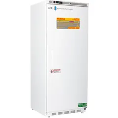 This upright explosion proof refrigerator provides safe cold storage for flammable or volatile materials in hazardous environments. It features a white swing solid door opening to the right, a temperature alarm, and uses R-600a refrigerant. Overall depth is 29 inches.