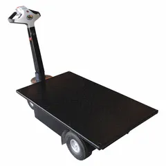 Powered metal-deck platform truck with a 59 in L x 28 in W x 14 in H deck and 44 5/8 in overall height. Equipped with two 70Ah batteries and rubber components. Suitable for transporting loads up to 750 lb in industrial facilities and warehouses.
