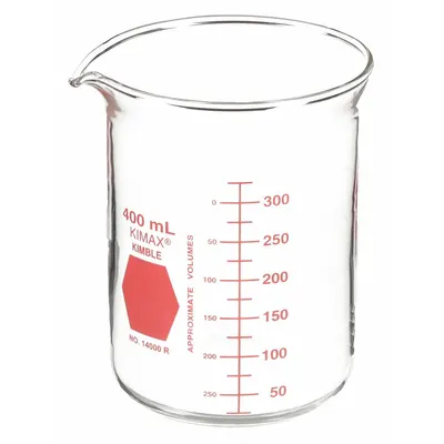 KIMBLE Colorware Beaker: 400 mL, 13.53 fl oz, A, Low Form, Type I, Red - Color Coded Low Form Glass Beakers
