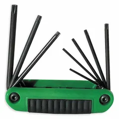 Folding Torx key set with eight standard-end tips: T8, T10, T15, T20, T25, T27, T30, and T40. Black oxide finish. Includes organizer for storage. Used for tightening or loosening Torx-head fasteners in assembly, repair, and maintenance tasks.