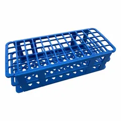 Benchtop test tube rack made of blue polypropylene. Holds up to 60 tubes. Overall dimensions: 4 1/4 in width, 2 5/8 in height, 9 5/8 in length. Suitable for organizing and storing test tubes in laboratory settings.