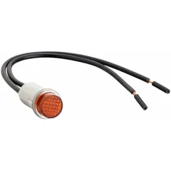 Incandescent indicator pilot light with raised head for panel-mount applications. Features a 12 mm panel mounting hole diameter and 6 in wire leads for electrical connection. Used to signal equipment status on industrial control panels and machinery.