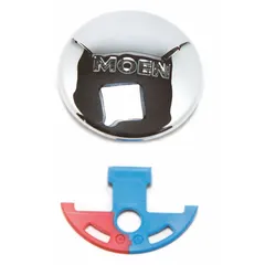 This metal faucet handle cap features a chrome finish and a red color index for identifying hot water position. Designed for single-handle faucets, it provides clear visual indication of handle orientation. Suitable for residential and commercial plumbing applications where handle marking is required.