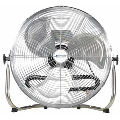 Non-oscillating floor fan with 18-inch aluminum blade, three speeds, and 115V AC operation. Measures 22 inches high by 23 inches wide. Suitable for providing directed airflow in home and office environments.