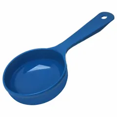 Solid acetal construction in blue. 8 oz capacity. NSF certified. Used in commercial foodservice for consistent portioning of solid foods.
