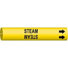 This snap-on pipe marker identifies steam lines with a yellow background and black legend text. It fits pipe outer diameters from 3/4 to 1-3/8 inches and includes directional arrows. Suitable for use in industrial piping systems to indicate steam service.
