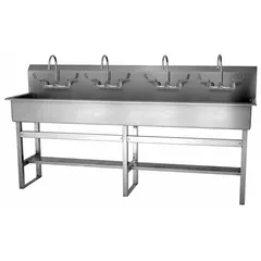 Four-station freestanding wash station with faucets, 16-gauge construction, 77-inch bowl length, 8-inch bowl depth, and 2 gpm flow rate. Designed for high-traffic hand-washing in industrial or commercial facilities. Side splash not included.