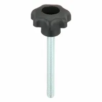 7-arm knob with threaded stud for manual adjustment and clamping. Plastic body with steel thread insert. M5 thread, 45 mm thread length, 25 mm diameter