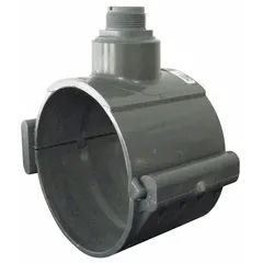 Schedule 80 PVC saddle clamp with 6 in x 6 in socket x socket, female x female connections. Gray, rated for 140°F, and meets NSF standards. Used for branch connections in industrial piping systems.