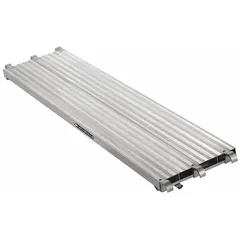 Aluminum scaffold platform from the PD9000 series. Silver aluminum deck and frame. Capacity 50 lbs/ft2. Used as a walking and working surface on scaffolding systems for elevated tasks.