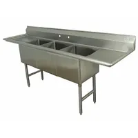 Three-bowl freestanding sink without faucets, constructed of stainless steel. Overall dimensions: 90 in length, 30 in width, 43 in height. Suitable for washing, rinsing, and soaking dishes, pots, and utensils in commercial kitchens, bars, and foodservice facilities