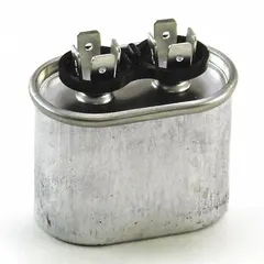 Motor run capacitor with 7.5 microfarad rating and 370V AC nameplate voltage. Measures 2 1/8 in x 2 in x 1 1/4 in with 2 in overall length. Used in HVAC and industrial motor applications for continuous voltage support in compressors, fans, and pumps.