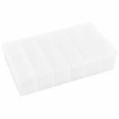 This clear plastic compartmented box from FLAMBEAU features six fixed compartments, each measuring 1-11/16 inches wide by 6-1/4 inches deep. The transparent body allows quick visual identification of stored items. Suitable for organizing small components in workshops, assembly areas, or storage environments.