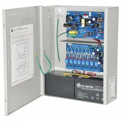 This power supply board with steel enclosure operates on 115V AC input and provides regulated 12VDC at 3.5A or 24VDC at 3A output. It is suited for use in access control, security, and automation systems requiring a dependable DC power source.