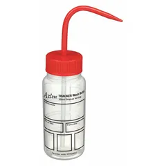 This 250 mL wash bottle features a colorless body with a red vented closure and a wide mouth with a standard spout. The 60 mm body diameter allows stable handling. Suitable for dispensing solvents or rinse liquids in laboratory settings.