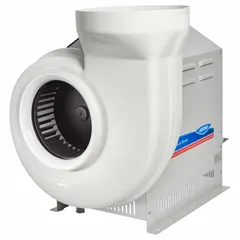 Direct-drive fume hood blower for outdoor installation. Features a 1 hp, 1500 RPM variable-speed high-efficiency motor with on-board operating system. Round 12 in inlet and round outlet. Suitable for laboratory exhaust ventilation systems.