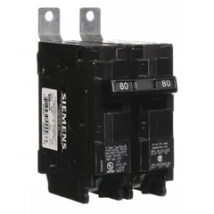 The Siemens B280 is a 2-pole, 80 A miniature circuit breaker from the BL Series, rated for 120/240V AC single-phase service with a maximum AIR rating of 10kA at 120/240V AC. Designed for bolt-on installation in Siemens P1 Panelboards, this standard-trip breaker provides overcurrent protection in electrical distribution systems.