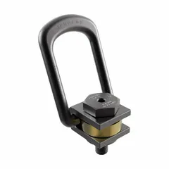 Black oxide-coated steel side-pull die-flipping pivot and rotate hoist ring with M48-5.00 thread size and 22,050 lb maximum capacity. Designed for side-pulling operations in lifting and rotating heavy dies or molds.