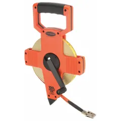 Manual open-reel long tape measure with a 100 ft / 30 m fiberglass blade. Features double-sided scale with 1/100 ft graduations, nonmagnetic double hook end, and plastic case. Suitable for measuring long distances in construction, surveying, and industrial layout.