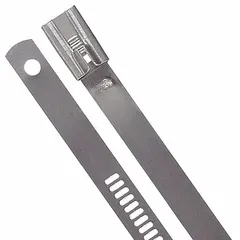 This 316 stainless steel cable tie is designed for bundling and securing cables, hoses, and pipes in demanding environments. It features a stainless steel barb locking mechanism for a secure hold. With a 24-inch length and 7-1/2-inch maximum bundle diameter, it accommodates a range of bundle sizes. Sold in a pack of 100.