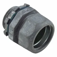 Zinc compression conduit connector for terminating electrical conduit in wet or exposed locations. Rain-tight design provides moisture resistance. Non-insulated construction. Suitable for industrial and commercial electrical systems requiring secure, code-compliant connections.