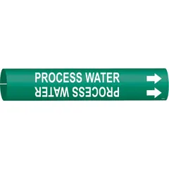 Green pipe marker with white 'Process Water' legend, designed to snap onto pipes with outer diameters from 2-1/2 to 3-7/8 inches. Includes directional arrows to indicate flow direction. Used for identifying process water lines in industrial piping systems.