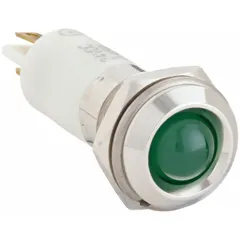 Green LED indicator pilot light with raised head and M12 connection. Features a 12 mm panel mounting hole diameter and 0.11 male quick disconnect electrical connection. Used in industrial control panels and machinery for visual status indication.