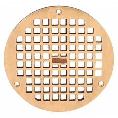 Class A light-duty floor drain grate for low-traffic indoor areas. Round bronze construction with 6 1/2 in overall diameter and 1/4 in overall height. Bronze finish provides corrosion resistance. Suitable for residential bathrooms or light commercial spaces.
