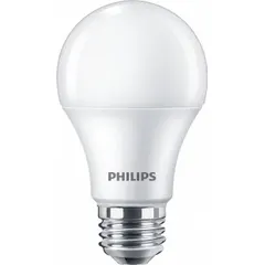 This PHILIPS LED bulb features an A19 classic shape with a frosted finish, providing soft, even illumination. It operates at 120V with an 11W power consumption and delivers a 5000K cool daylight color temperature. The medium screw (E26) base fits standard household fixtures for general indoor lighting in residential and commercial spaces.