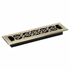 This floor register is designed to cover heating or cooling vents in floors, directing airflow in a single direction. It features a decorative antiqued brass steel grille with non-adjustable blades. Dimensions: 13 1/2 inches high by 3 3/4 inches wide.
