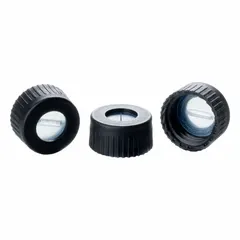 Black translucent screw cap with 9 mm thread size, constructed from polypropylene with a silicone/PTFE liner. Designed for sealing narrow-mouth vials in laboratory and industrial sampling applications. REACH compliant.