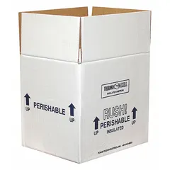 White cardboard insulated box with 1.5-inch Styrofoam insert walls. Interior dimensions 8 in x 6 in x 7 in. Suitable for temperature-sensitive shipments such as pharmaceuticals, biologics, or perishable goods. Sold as a 4-pack.