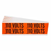 Self-stick vinyl markers for identifying conduit and voltage systems. Each marker displays '110 Volts' legend. Label size: 4 1/8 in width, 1 1/8 in height. Pack of 5. Suitable for marking electrical circuits in industrial, commercial, and utility installations