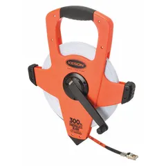 This 300 ft open-reel tape measure features a fiberglass blade with a single-sided SAE/Engineers scale graduated in 1/100 ft increments. The nonmagnetic single hook end and plastic case make it suitable for outdoor measuring tasks such as construction layout, surveying, and utility work. Designed for assisted operation.