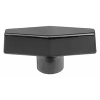 This T-handle knob from DAVIES features a threaded hole with 1/4"-20 thread and 18 mm thread length. The 2-inch diameter thermoset construction provides heat resistance and strength for manual adjustment and clamping on industrial machinery, jigs, and fixtures