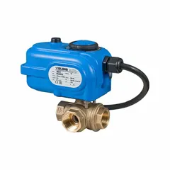 This BONOMI electrically-actuated three-way ball valve features a 3/4 in brass body with FNPT x FNPT x FNPT connections. It operates on 24V AC/DC and includes an ISO 5211 actuator mounting pad with manual override. The T-port design allows diverting or mixing flow in automated fluid control systems.