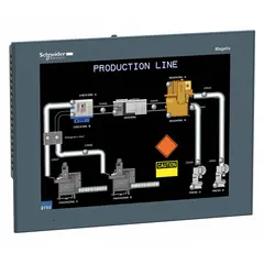This 12.1-inch TFT color LCD resistive touch panel from the Harmony GTO Series operates on 24V DC. It is used for industrial human-machine interface applications, enabling operators to monitor and control automated processes in manufacturing, packaging, and material handling environments.