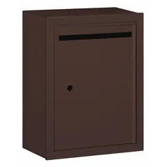 This surface-mounting letter box is constructed with a powder-coated finish for durability. With dimensions of 19 inches high by 15 inches wide by 7 1/2 inches deep, it is suitable for wall-mounted installation in commercial or industrial facilities such as lobbies, mailrooms, or office entrances. The front-loading design allows for convenient mail collection.