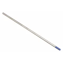 This 2% lanthanated tungsten electrode is AWS classified EWLa-2 and color-coded blue. It measures 1/16 inch in diameter by 7 inches in length, suitable for AC/DC welding applications on non-ferrous metals. The 10-pack provides multiple electrodes for consistent arc starting and low consumption in TIG welding tasks.