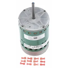 This 48-frame, 1 hp (750 W) constant-torque ECM direct-drive blower motor features an open-air-over (OAO) enclosure and belly band mount. It operates at 1,075 RPM and 4.0 A full-load amps at 60 Hz on 460V AC, with multi-speed control via five 24 VAC taps. Compatible with building management system low-voltage controllers and includes voltage plugs. Typical applications include commercial HVAC air handlers, furnaces, and rooftop units.