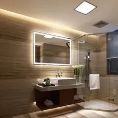 Rectangular lighted vanity mirror with polished glass surface and side-mounted lighting. Overall dimensions: 48 in wide, 36 in high, 1 3/4 in deep. Suitable for commercial or institutional restrooms where clear, even illumination is required for grooming and inspection tasks.
