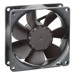 Square axial fan for wet locations, rated IP68 for protection against dust and water immersion. Features a polyamide blade and polybutylene terephthalate housing. Operates on 24V DC, delivers 38.3 cfm at zero static pressure, and terminates with lead wires. Suitable for cooling and ventilation in enclosures and outdoor equipment.