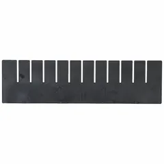 This black plastic divider is designed for use with the LEWISBINS DC3050-XL container. It measures 15 5/8 inches by 4 1/2 inches and is used to organize and separate components within the bin. Suitable for electronics assembly and manufacturing environments requiring electrostatic discharge protection.